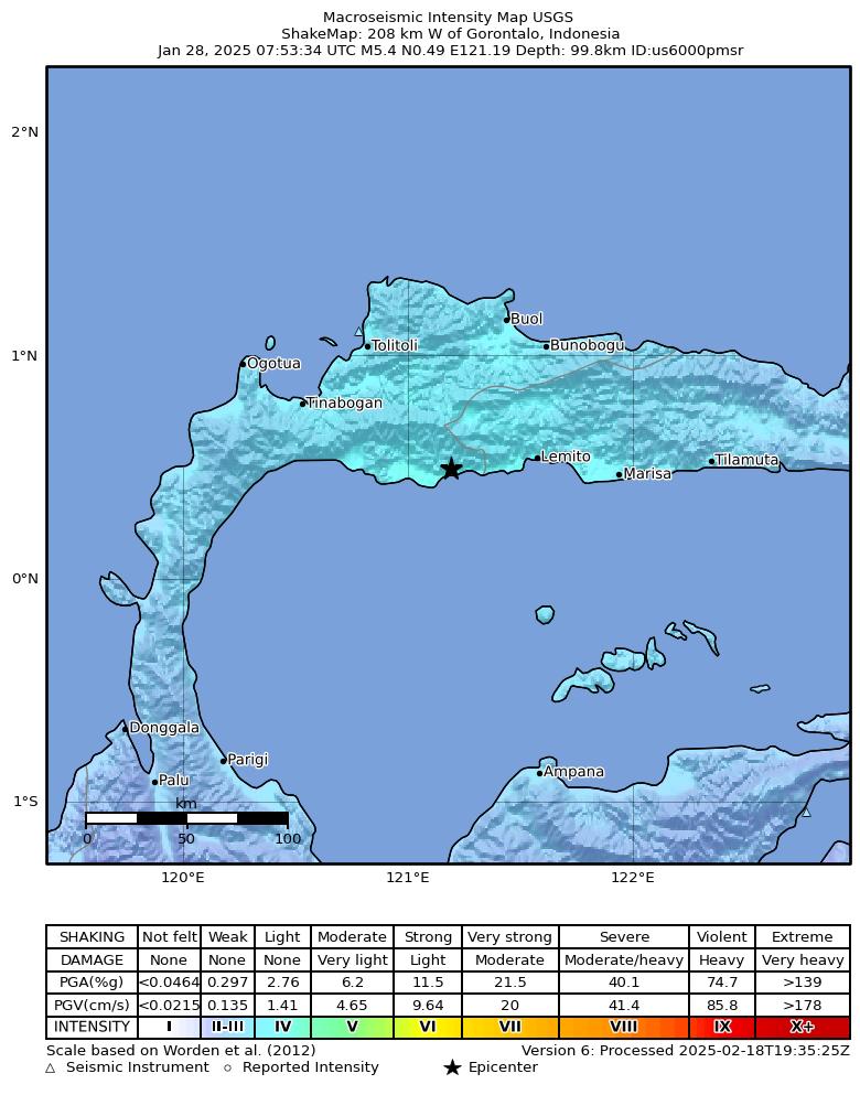 USGS ShakeMap intensity contours for the M5.4 earthquake near 208 km W of Gorontalo, Indonesia