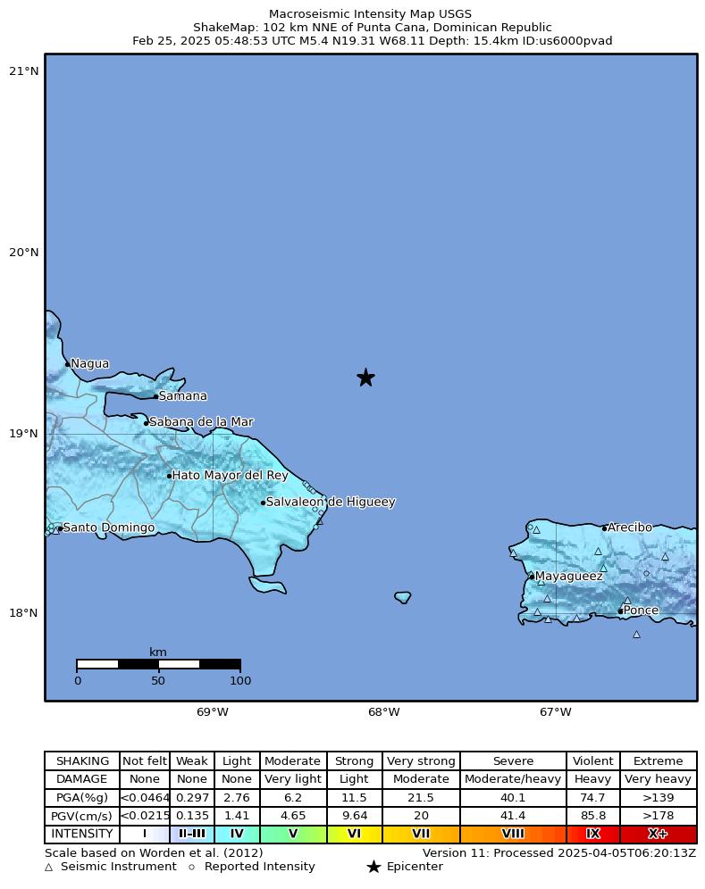 USGS ShakeMap intensity contours for the M5.8 earthquake near 102 km NNE of Punta Cana, Dominican Republic