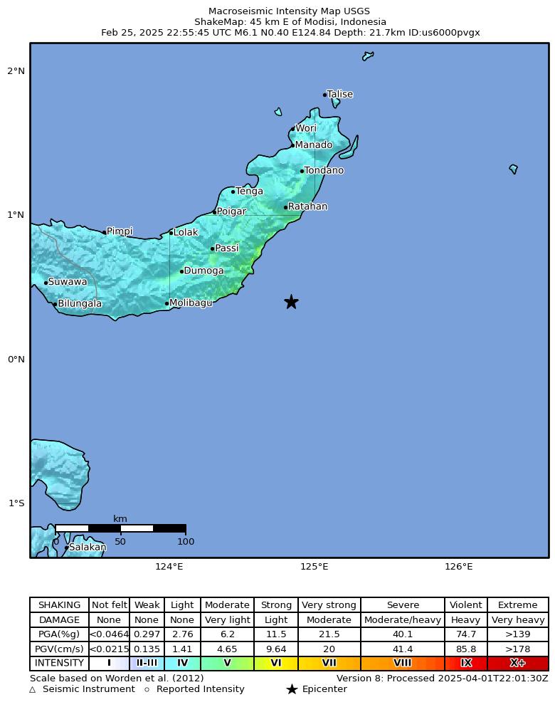 USGS ShakeMap intensity contours for the M6.1 earthquake near 45 km E of Modisi, Indonesia
