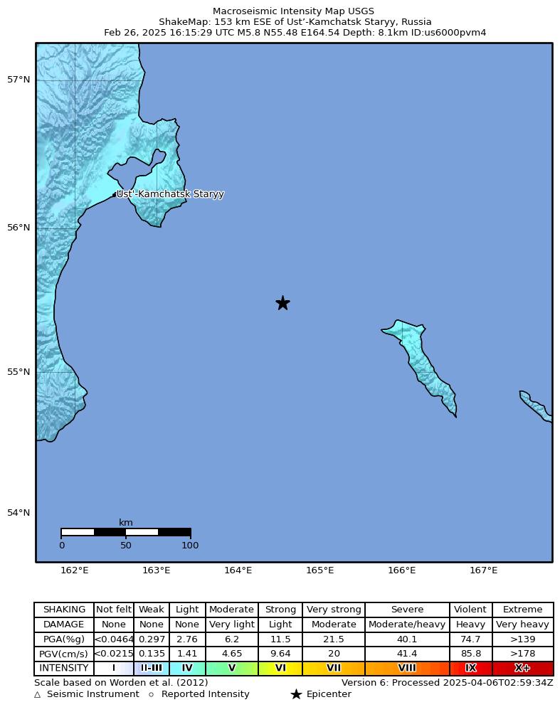 USGS ShakeMap intensity contours for the M5.8 earthquake near 153 km ESE of Ust’-Kamchatsk Staryy, Russia