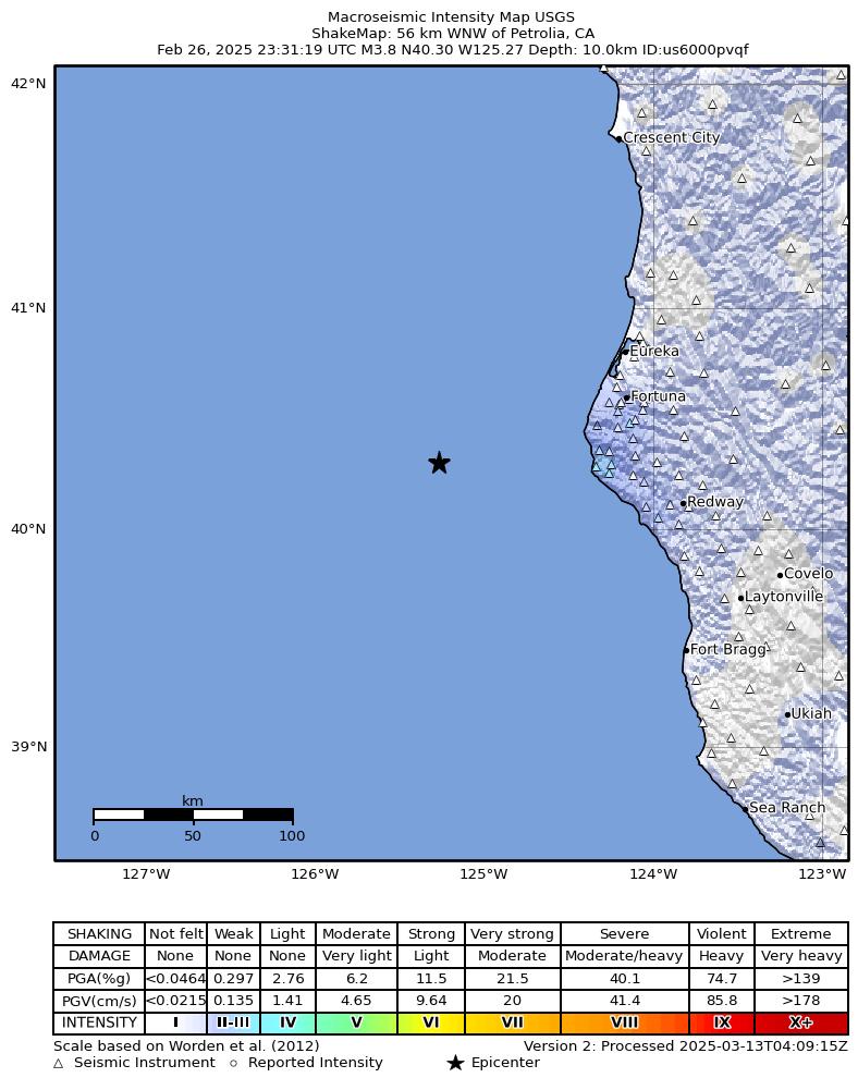 USGS ShakeMap intensity contours for the M3.8 earthquake near 56 km WNW of Petrolia, CA