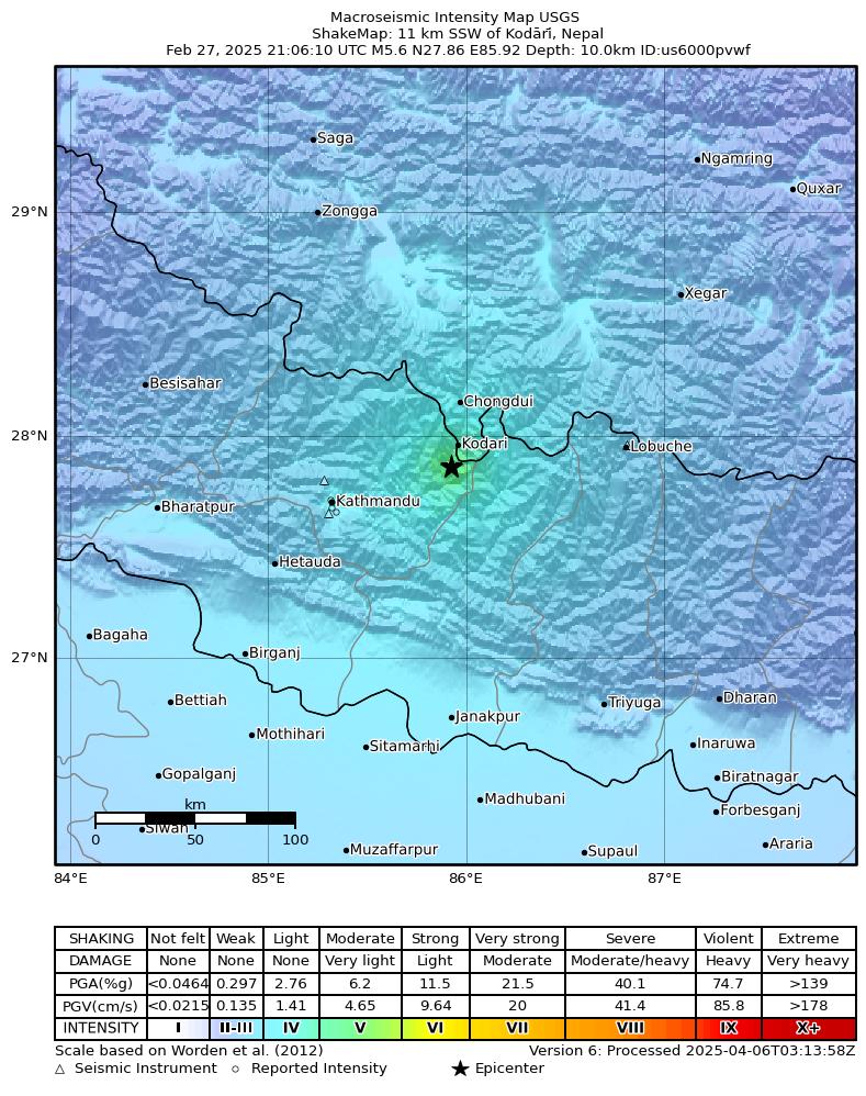 USGS ShakeMap intensity contours for the M5.0 earthquake near 11 km SSW of Kodāri̇̄, Nepal