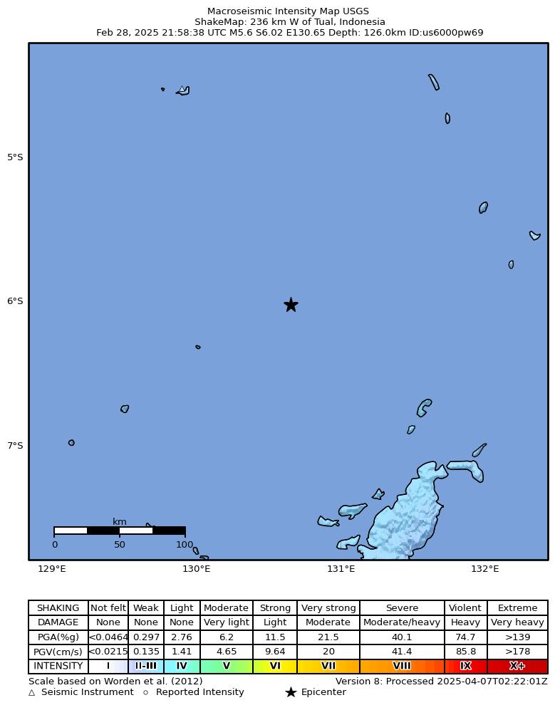 USGS ShakeMap intensity contours for the M5.6 earthquake near 236 km W of Tual, Indonesia
