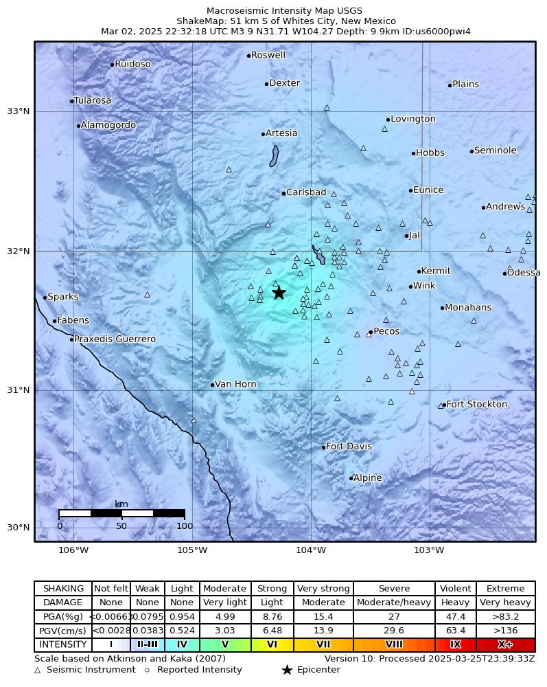 USGS ShakeMap intensity contours for the M4.2 earthquake near 51 km S of Whites City, New Mexico