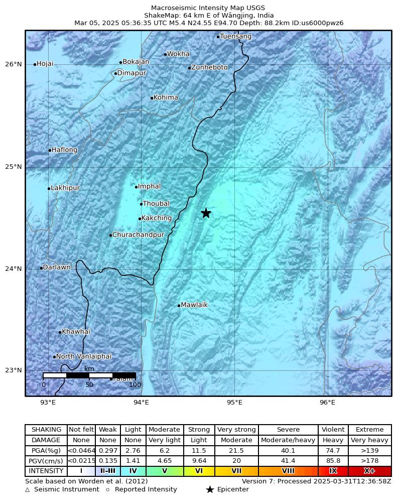 USGS ShakeMap intensity contours for the M5.4 earthquake near 64 km E of Wāngjing, India