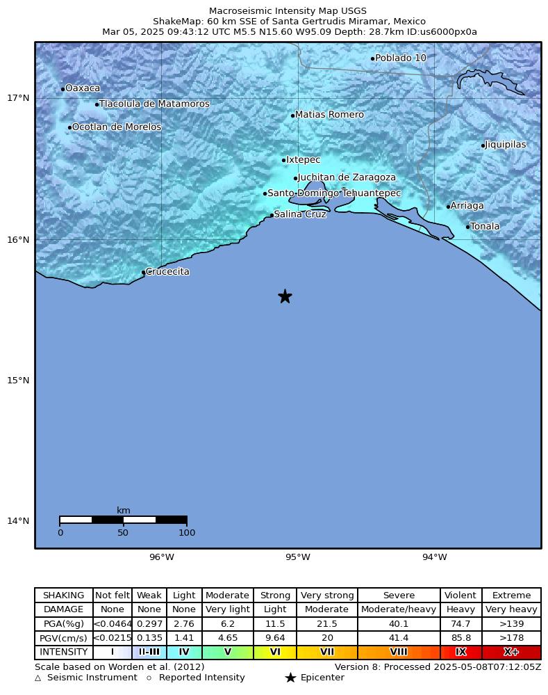 USGS ShakeMap intensity contours for the M5.5 earthquake near 60 km SSE of Santa Gertrudis Miramar, Mexico