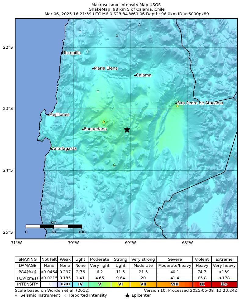 USGS ShakeMap intensity contours for the M6.0 earthquake near 98 km S of Calama, Chile
