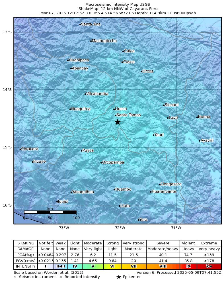 USGS ShakeMap intensity contours for the M5.4 earthquake near 12 km NNW of Cayarani, Peru