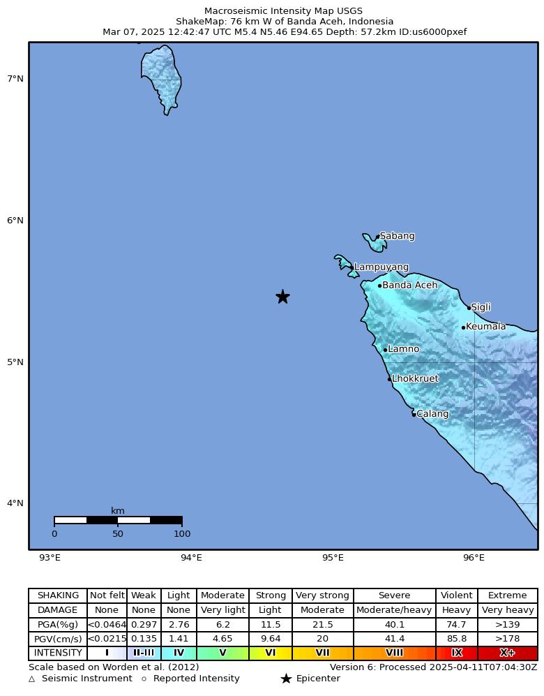 USGS ShakeMap intensity contours for the M5.0 earthquake near 76 km W of Banda Aceh, Indonesia