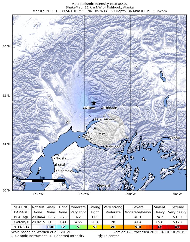 USGS ShakeMap intensity contours for the M3.3 earthquake near 22 km NW of Fishhook, Alaska