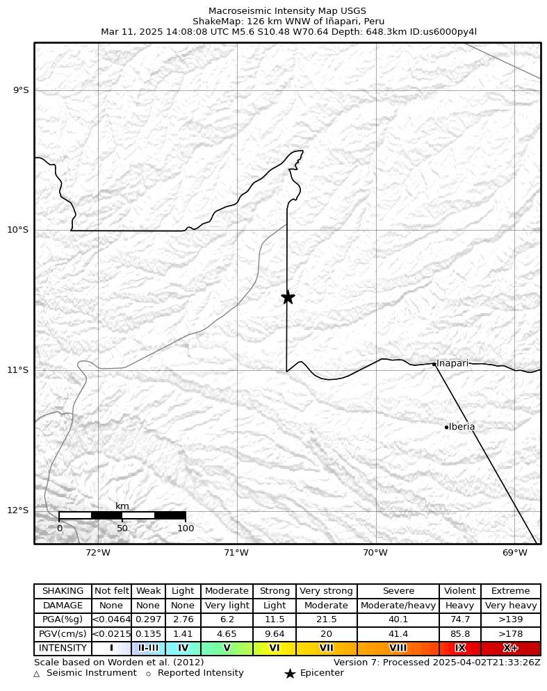 USGS ShakeMap intensity contours for the M5.6 earthquake near 126 km WNW of Iñapari, Peru