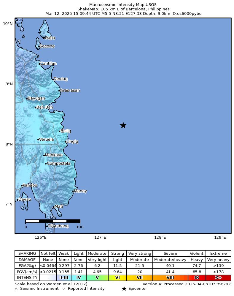 USGS ShakeMap intensity contours for the M5.5 earthquake near 105 km E of Barcelona, Philippines