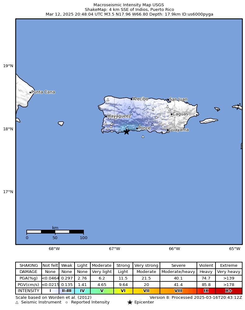 USGS ShakeMap intensity contours for the M3.2 earthquake near 4 km SSE of Indios, Puerto Rico