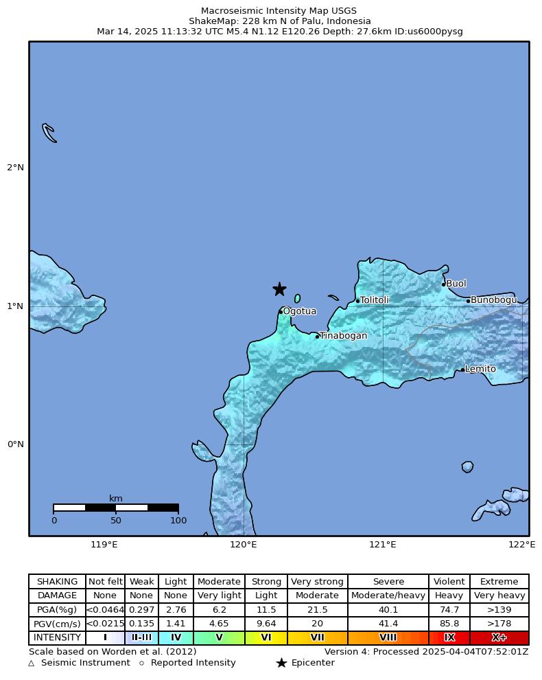 USGS ShakeMap intensity contours for the M5.4 earthquake near 228 km N of Palu, Indonesia