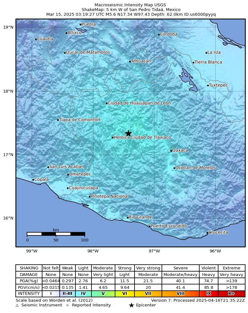 USGS ShakeMap intensity contours for the M5.6 earthquake near 5 km W of San Pedro Tidaá, Mexico