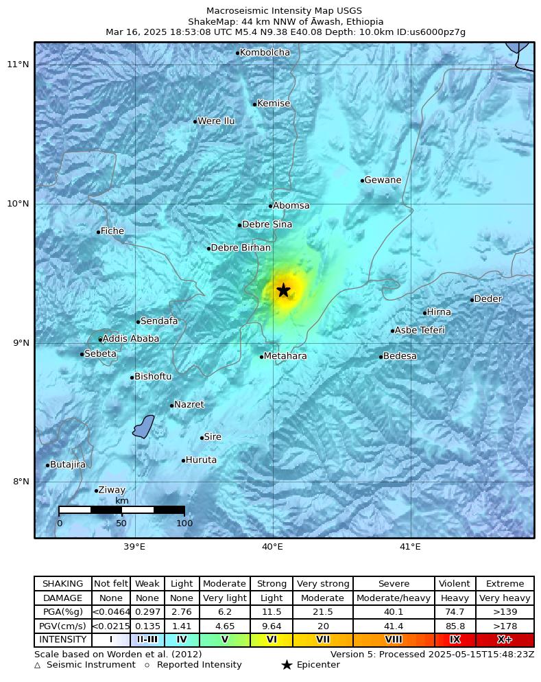 USGS ShakeMap intensity contours for the M5.4 earthquake near 44 km NNW of Āwash, Ethiopia