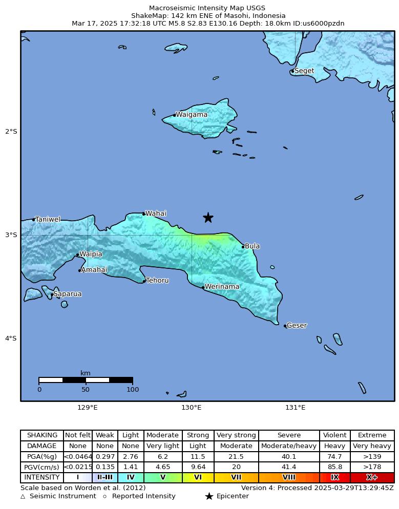 USGS ShakeMap intensity contours for the M5.8 earthquake near 142 km ENE of Masohi, Indonesia