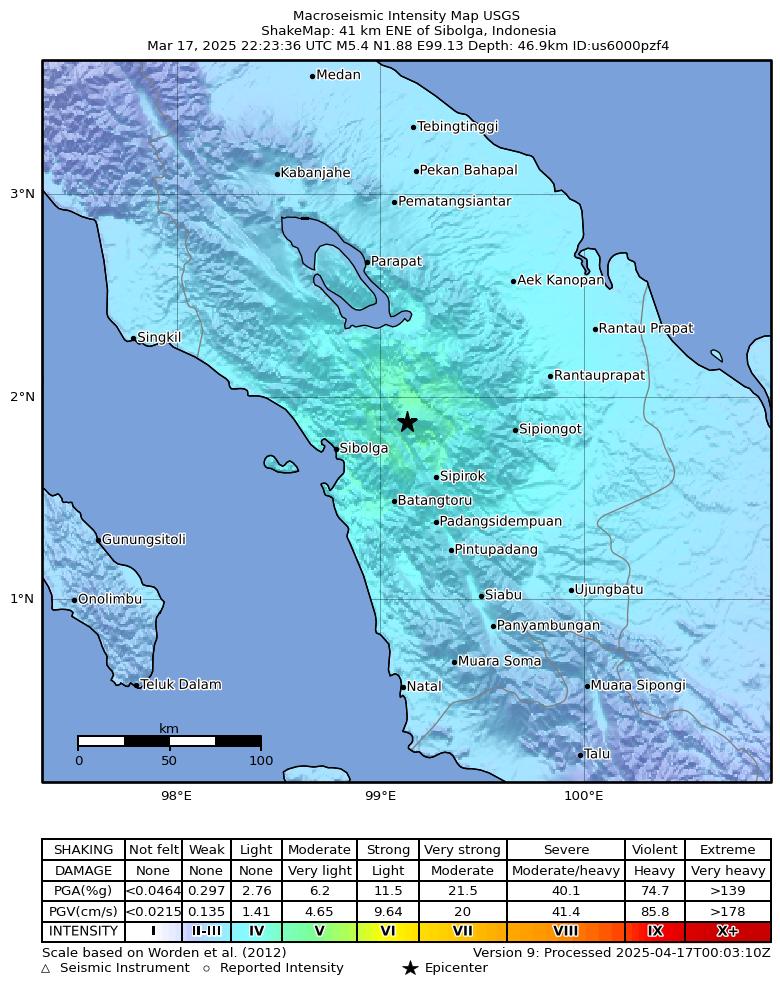 USGS ShakeMap intensity contours for the M5.4 earthquake near 41 km ENE of Sibolga, Indonesia