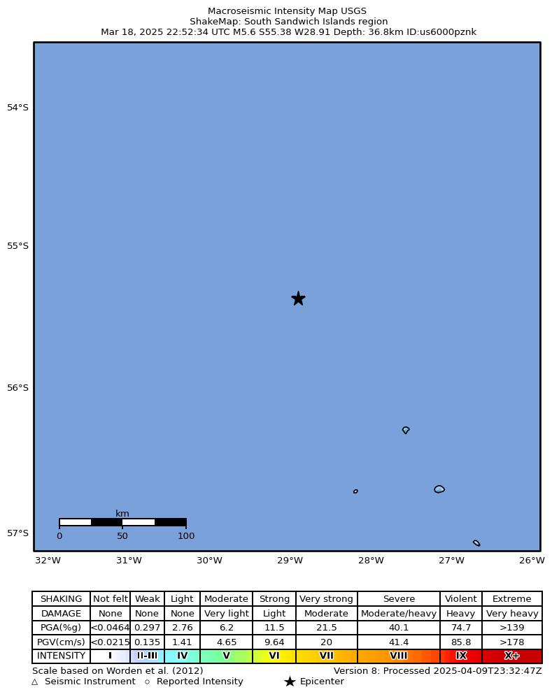 USGS ShakeMap intensity contours for the M5.6 earthquake near South Sandwich Islands region