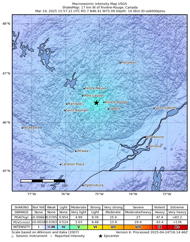 USGS ShakeMap intensity contours for the M3.7 earthquake near 17 km W of Rivière-Rouge, Canada