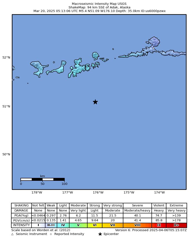 USGS ShakeMap intensity contours for the M5.4 earthquake near 94 km SSE of Adak, Alaska