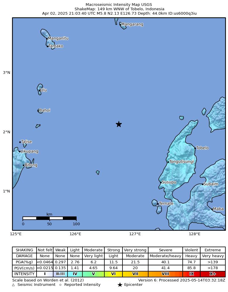 USGS ShakeMap intensity contours for the M5.8 earthquake near 149 km WNW of Tobelo, Indonesia
