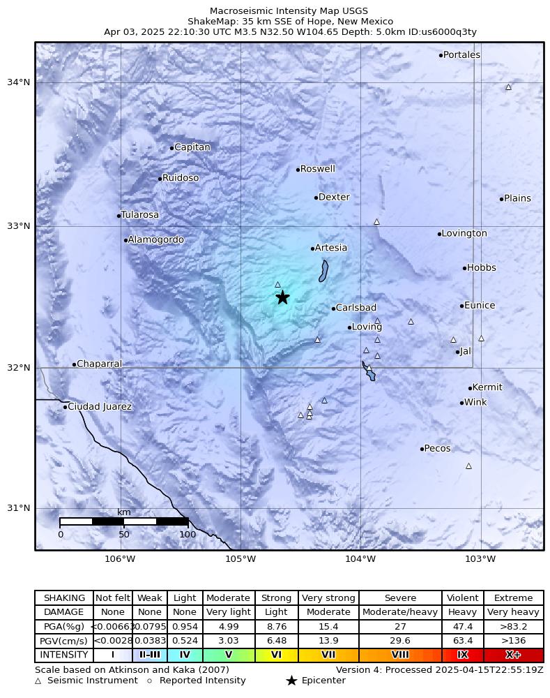 USGS ShakeMap intensity contours for the M3.3 earthquake near 35 km SSE of Hope, New Mexico