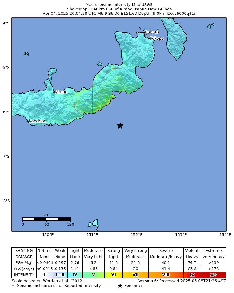 USGS ShakeMap intensity contours for the M6.9 earthquake near 184 km ESE of Kimbe, Papua New Guinea