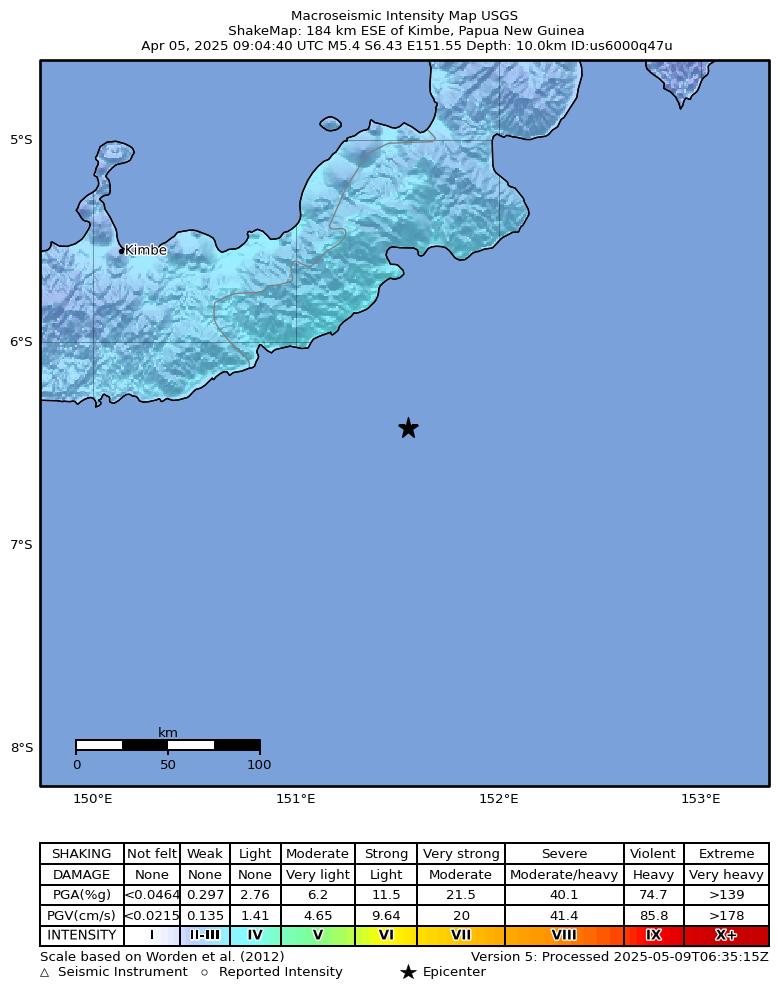 USGS ShakeMap intensity contours for the M5.4 earthquake near 184 km ESE of Kimbe, Papua New Guinea