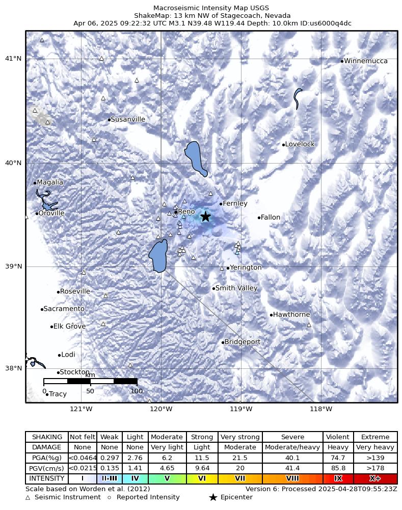 USGS ShakeMap: estimated shaking intensity around the epicenter