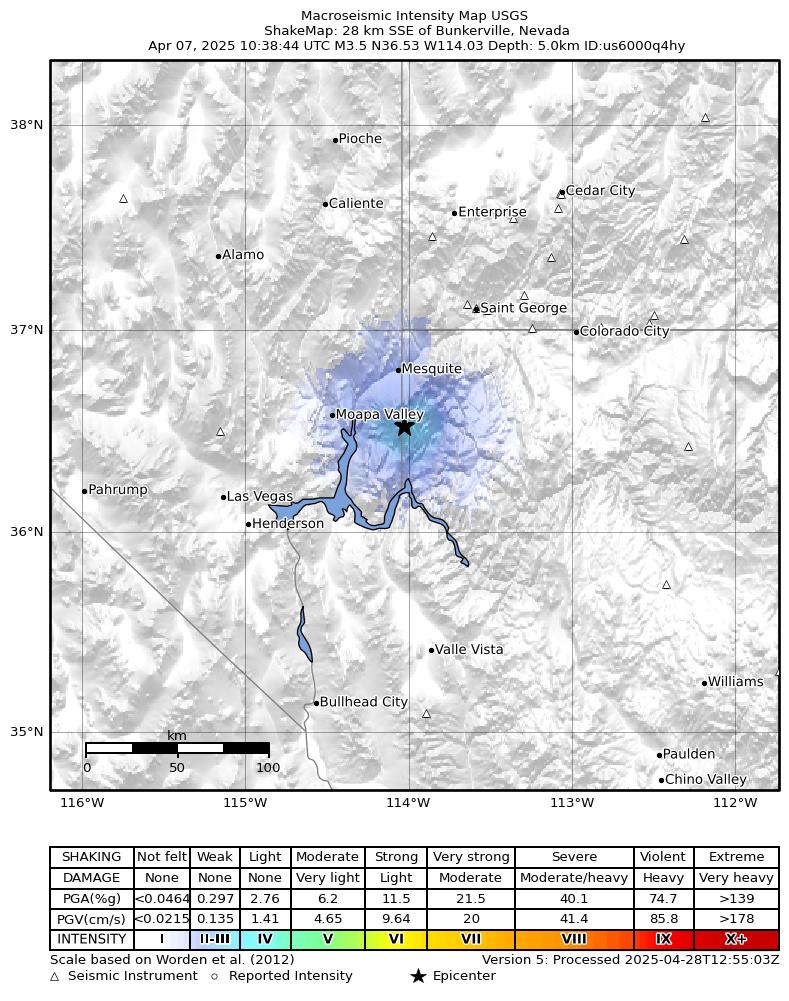 USGS ShakeMap: estimated shaking intensity around the epicenter