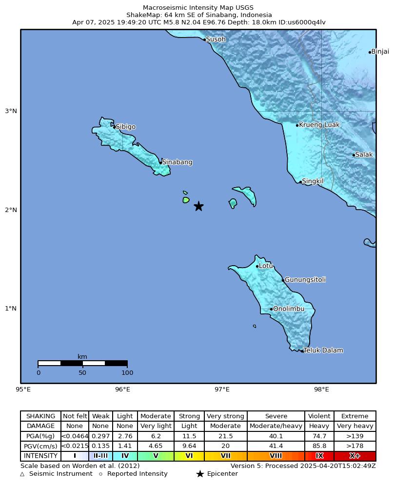 USGS ShakeMap intensity contours for the M5.8 earthquake near 64 km SE of Sinabang, Indonesia