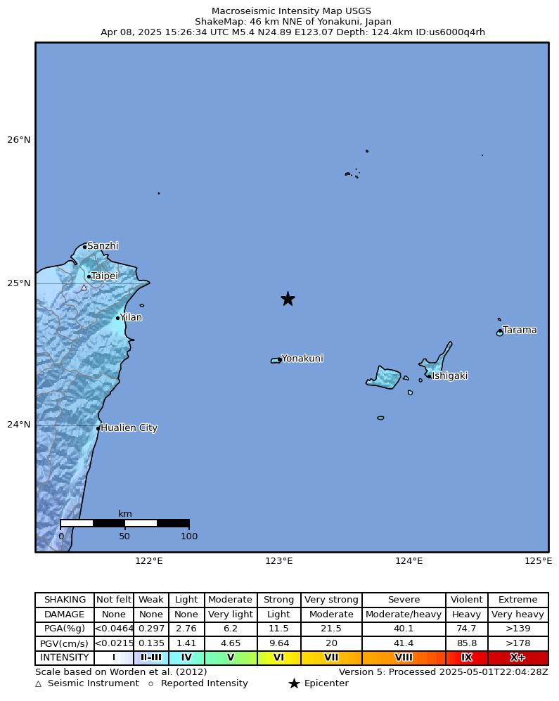 USGS ShakeMap intensity contours for the M5.3 earthquake near 46 km NNE of Yonakuni, Japan