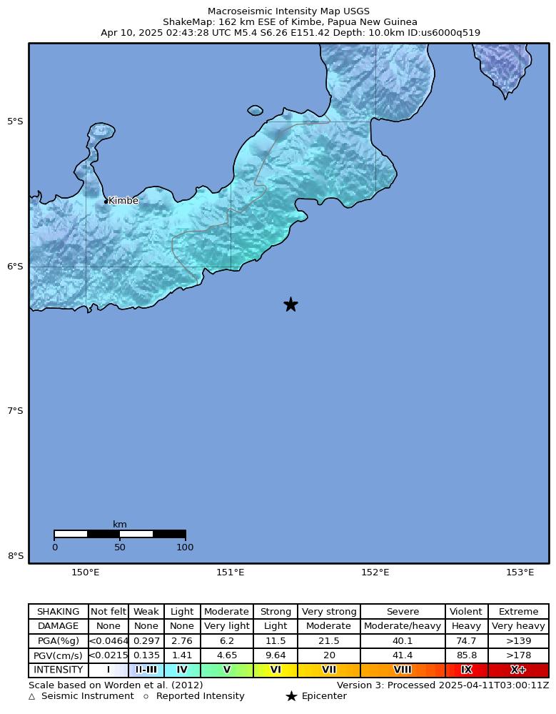 USGS ShakeMap intensity contours for the M5.3 earthquake near 162 km ESE of Kimbe, Papua New Guinea