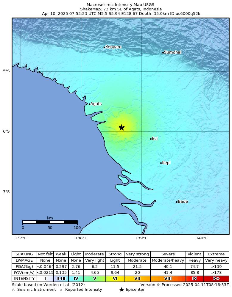 USGS ShakeMap intensity contours for the M5.3 earthquake near 73 km SE of Agats, Indonesia