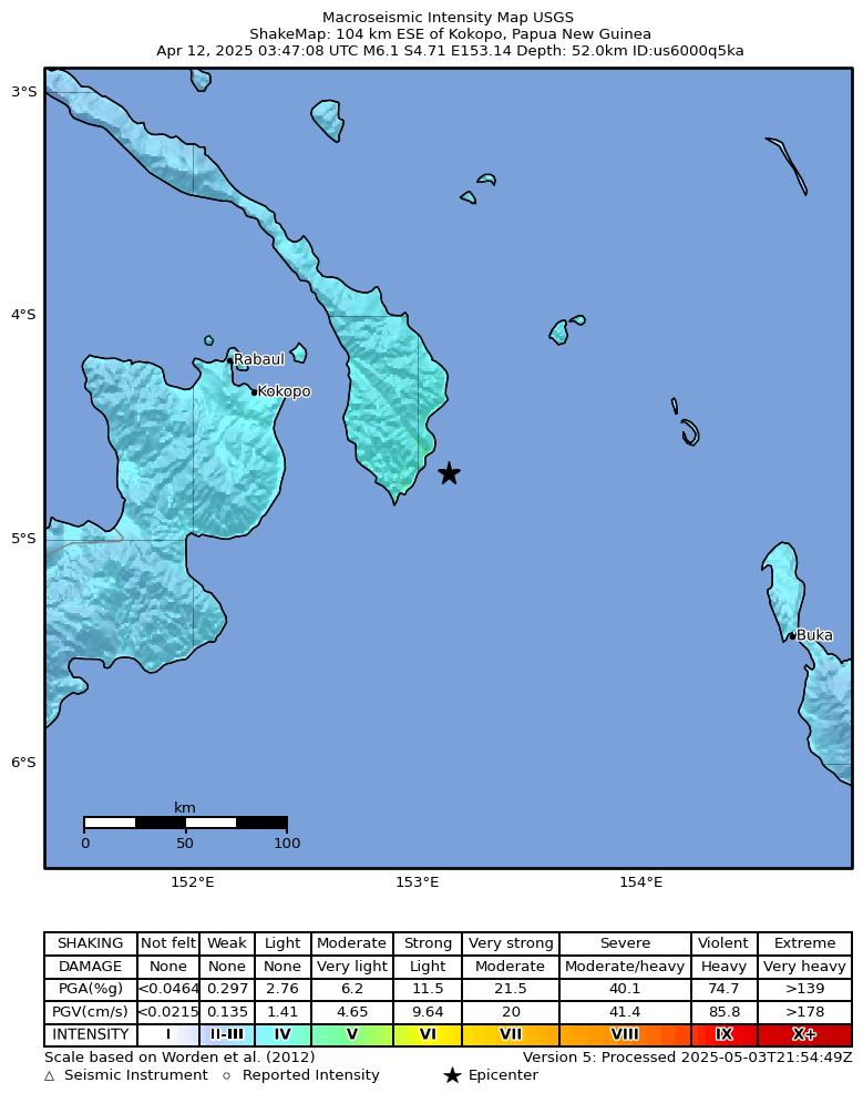 USGS ShakeMap intensity contours for the M6.1 earthquake near 104 km ESE of Kokopo, Papua New Guinea