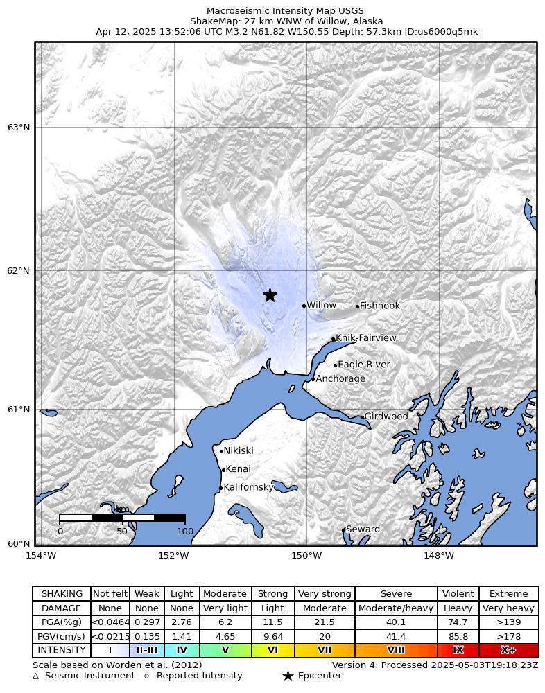 USGS ShakeMap: estimated shaking intensity around the epicenter