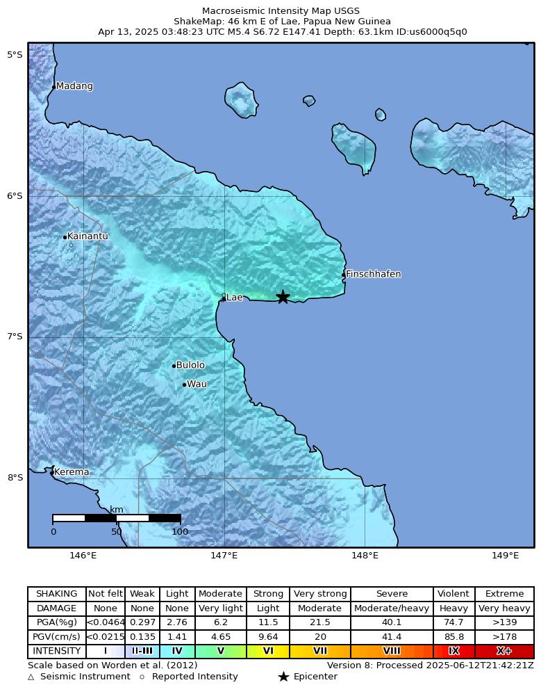 USGS ShakeMap intensity contours for the M5.4 earthquake near 46 km E of Lae, Papua New Guinea