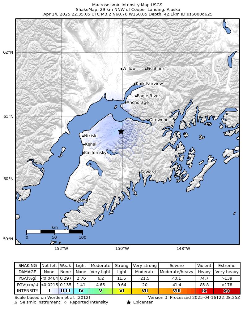 USGS ShakeMap intensity contours for the M2.9 earthquake near 28 km SW of Hope, Alaska