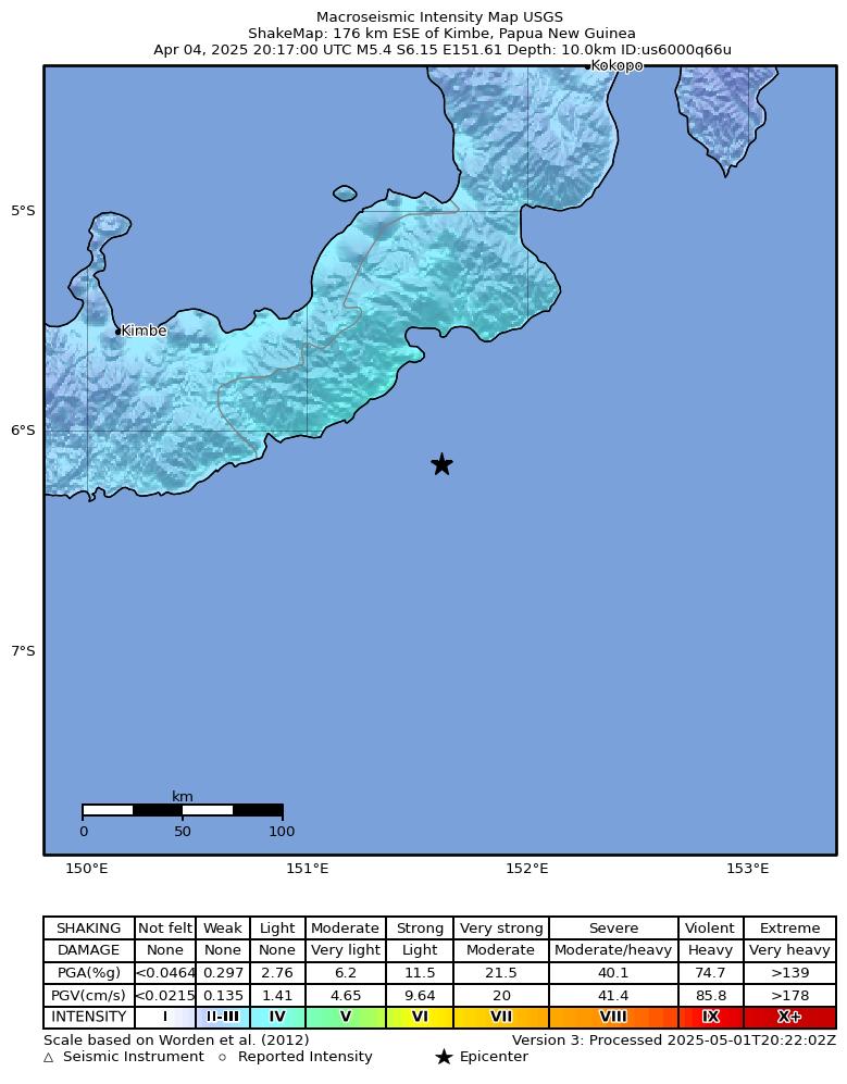 USGS ShakeMap intensity contours for the M5.4 earthquake near 176 km ESE of Kimbe, Papua New Guinea