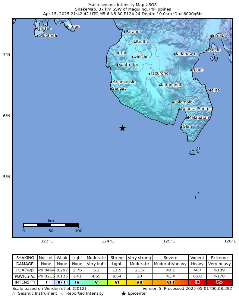 USGS ShakeMap intensity contours for the M5.6 earthquake near 37 km SSW of Maguling, Philippines