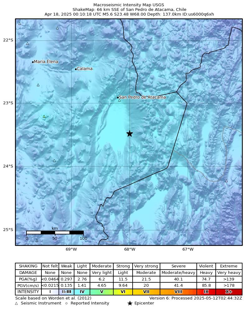 USGS ShakeMap intensity contours for the M5.6 earthquake near 66 km SSE of San Pedro de Atacama, Chile