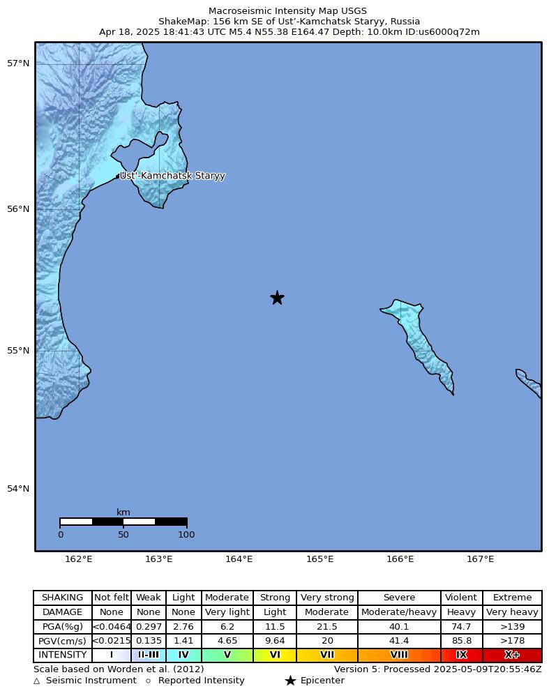 USGS ShakeMap intensity contours for the M5.4 earthquake near 156 km SE of Ust’-Kamchatsk Staryy, Russia
