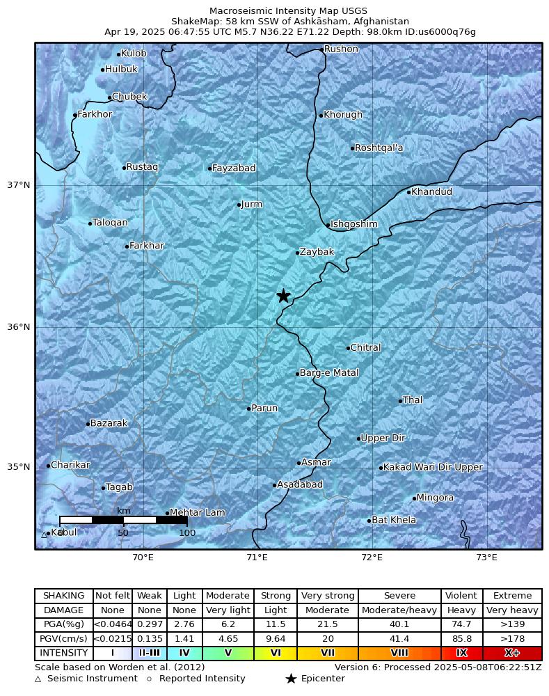 USGS ShakeMap intensity contours for the M5.7 earthquake near 58 km SSW of Ashkāsham, Afghanistan