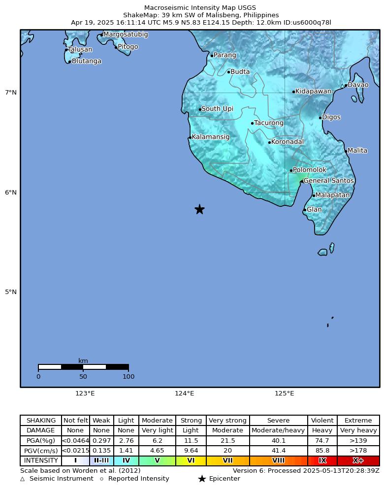 USGS ShakeMap intensity contours for the M5.9 earthquake near 39 km SW of Malisbeng, Philippines