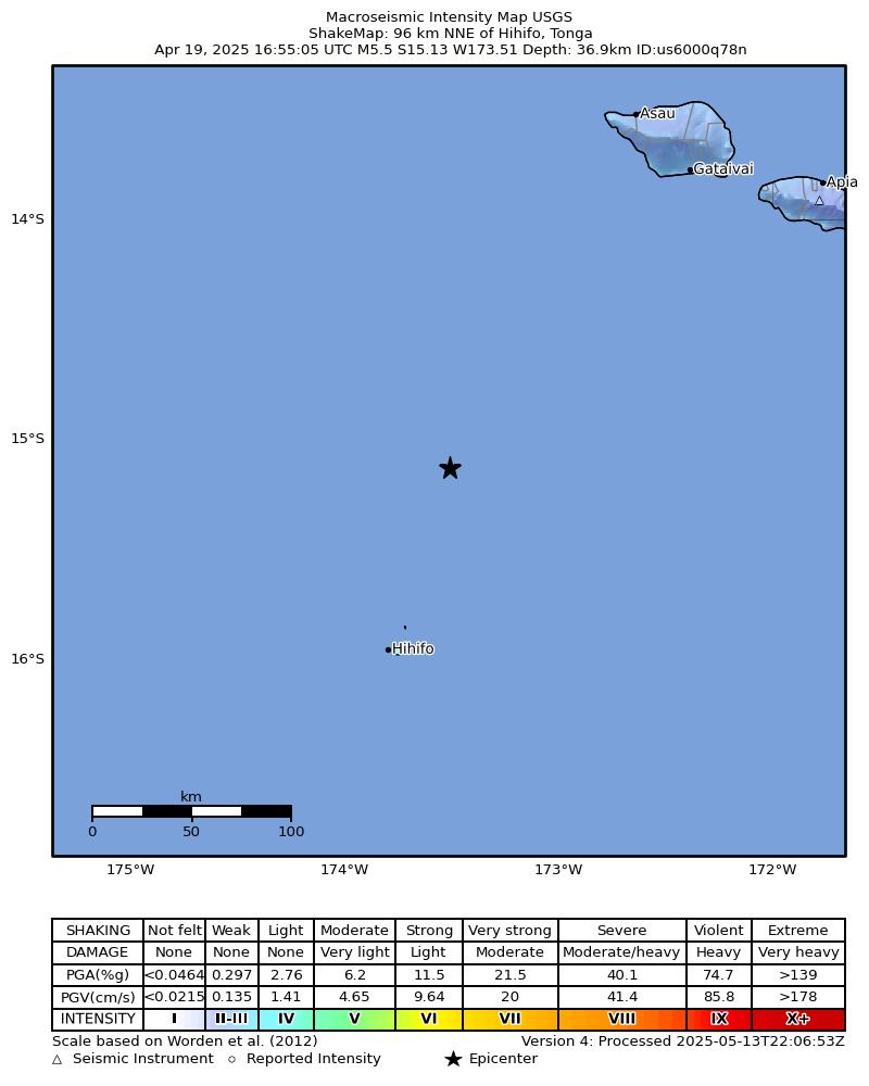 USGS ShakeMap intensity contours for the M5.5 earthquake near 96 km NNE of Hihifo, Tonga