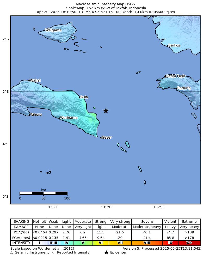 USGS ShakeMap intensity contours for the M5.4 earthquake near 152 km WSW of Fakfak, Indonesia