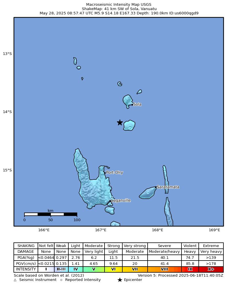 USGS ShakeMap intensity contours for the M5.9 earthquake near 41 km SW of Sola, Vanuatu