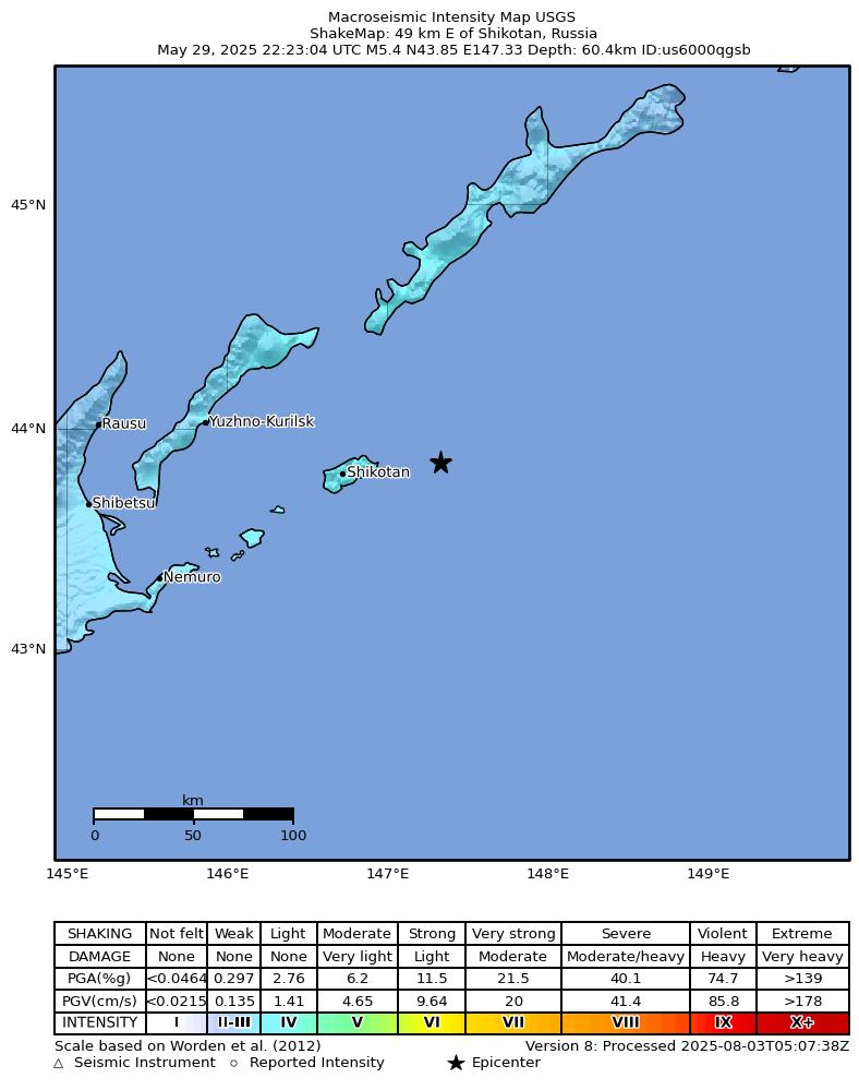 USGS ShakeMap intensity contours for the M5.4 earthquake near 49 km E of Shikotan, Russia