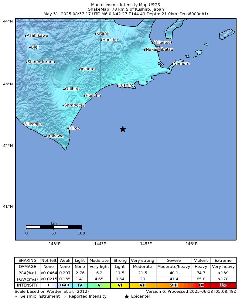 USGS ShakeMap intensity contours for the M6.0 earthquake near 78 km S of Kushiro, Japan